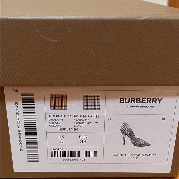 Burberry Heels Aubri Pointy Silver Leather Pumps Women's Size 38 - Picture 15 of 16